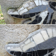 Sculpture de Pierre Théron (1975), Collège Chante Cigale (Gujan Mestras) – Restauration (détail, avant/après)