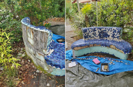 Banc en mosaïque, Le Pyla sur Mer – Grés émaillé et enduit (avant/pendant chantier)