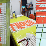 Logo mosaïque, restaurant FILOCHE, Bordeaux – 150×100 cm – Grès cérame et pâte de verre (en atelier)