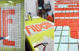 Logo mosaïque, restaurant FILOCHE, Bordeaux – 150×100 cm – Grès cérame et pâte de verre (en atelier)
